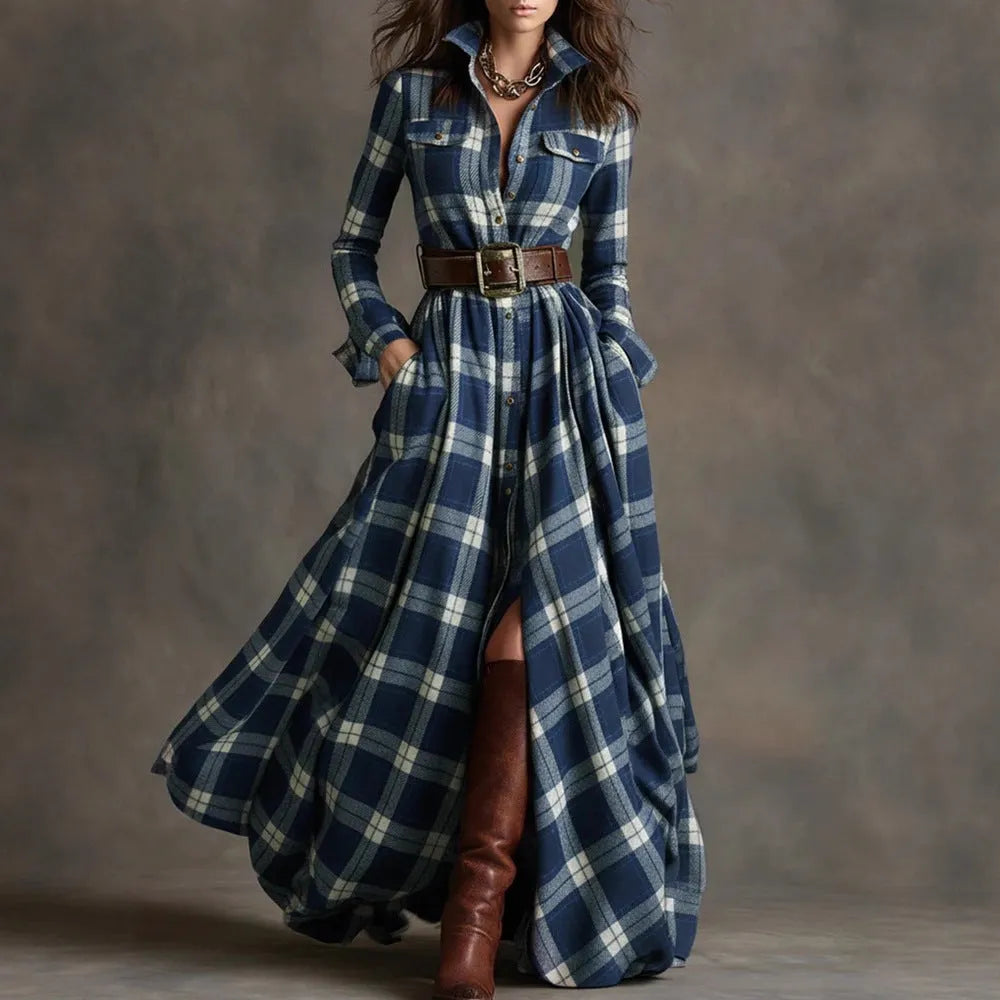 Women's Geometric Plaid Irregular Dress with Stitching Detail Mid Waist Fit Available in S-XXL Black Gray Navy Blue Green Khaki Polyester Fabric