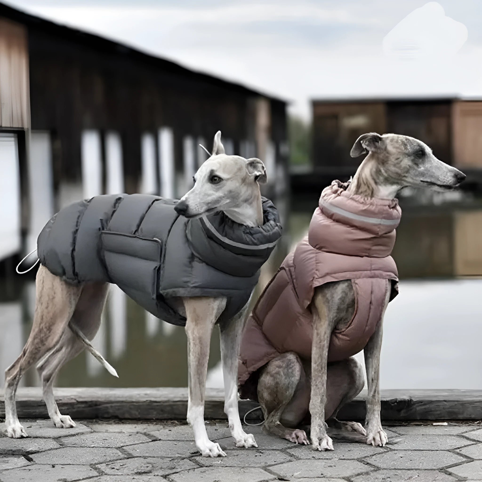 Dog wearing a thickened thermal vest coat in grey, made from 100% recycled polyester, available in sizes S to XL
