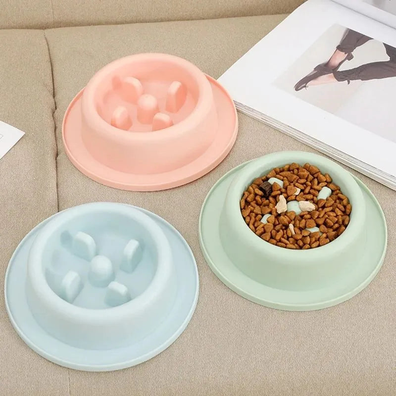 Blue slow feeder dog bowl with raised maze pattern for anti-choke feeding