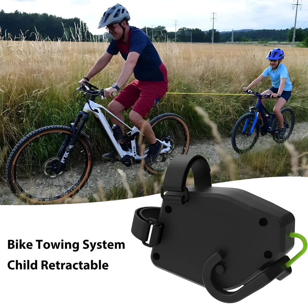 Black plastic resin bicycle trailer rope with hook-and-loop fastening for trailer security