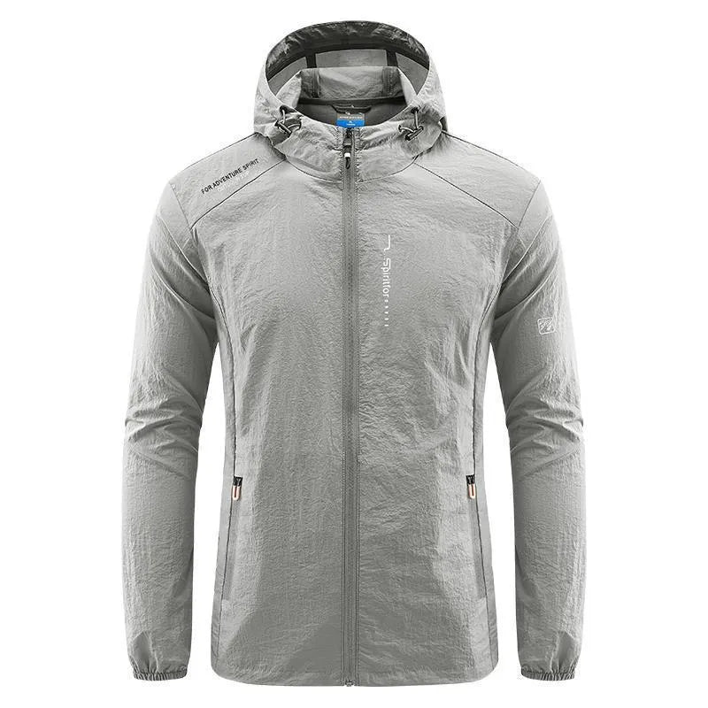 Men's thin nylon summer hooded jacket in loose fit showing light grey colour option