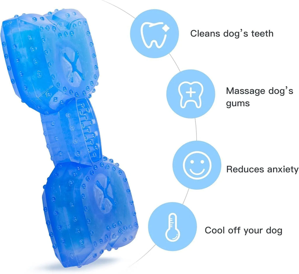 Freezable dog teething chew toy in bone and circle shapes on a blue background.