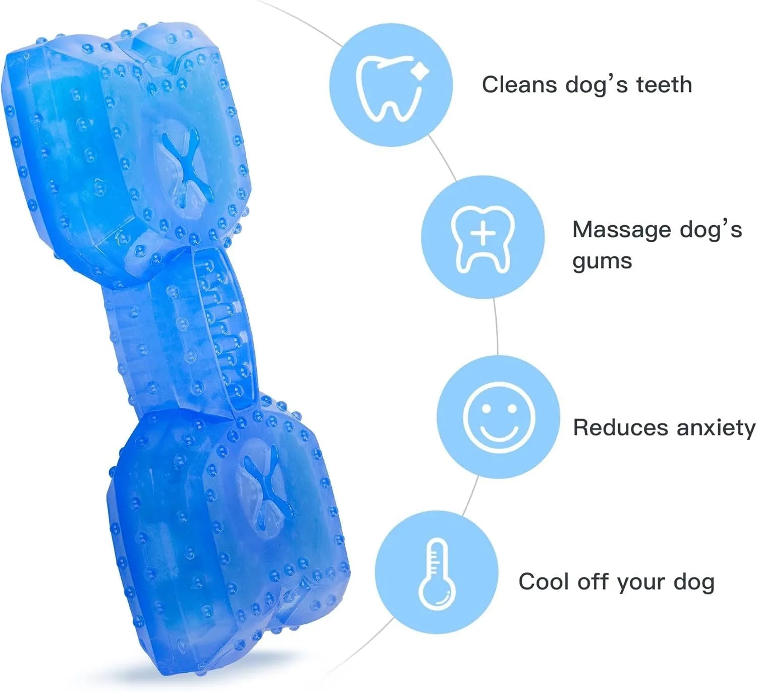 Freezable dog teething chew toy in bone and circle shapes on a blue background.