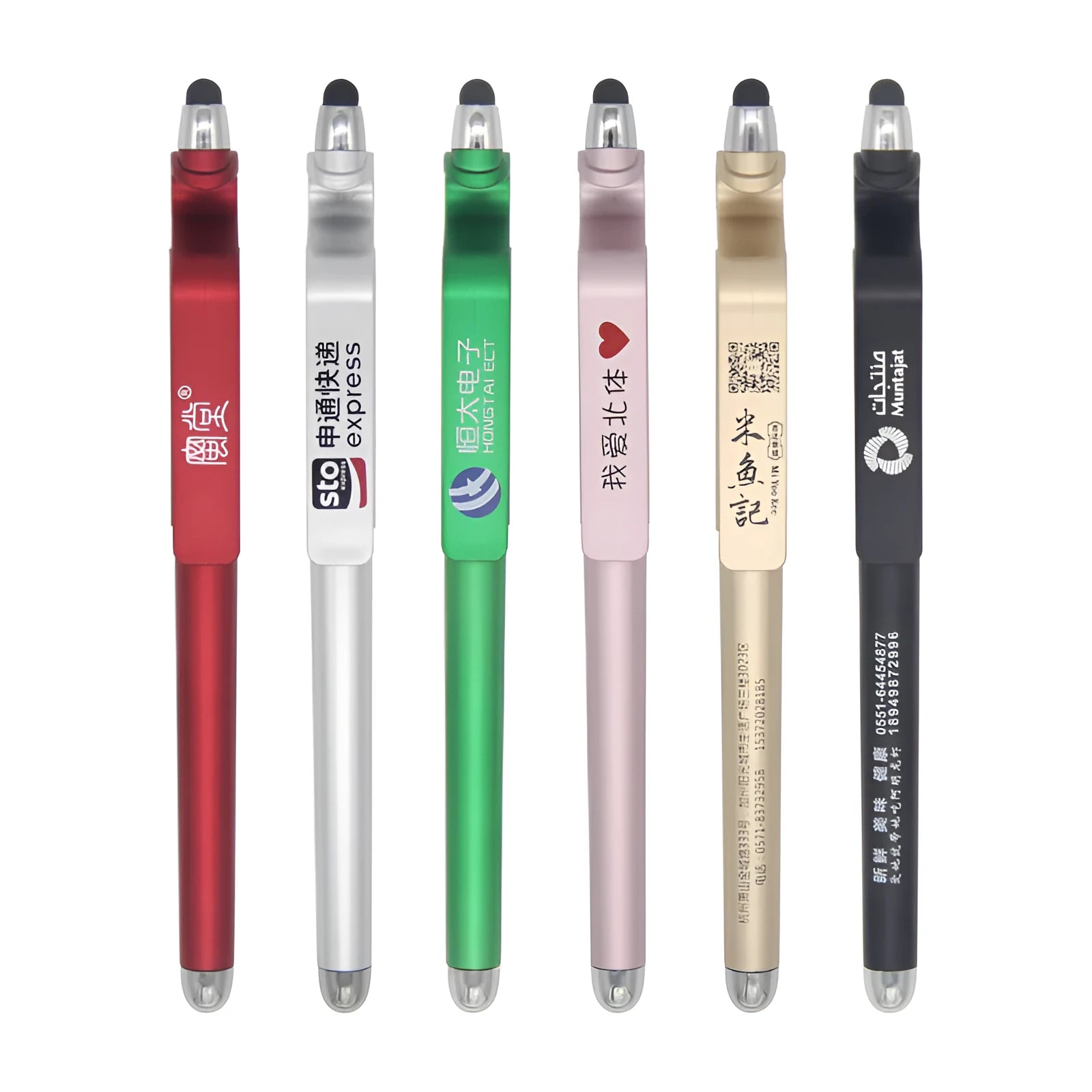 Black and blue multifunctional pen with touchscreen stylus tip and built-in mobile phone holder.
