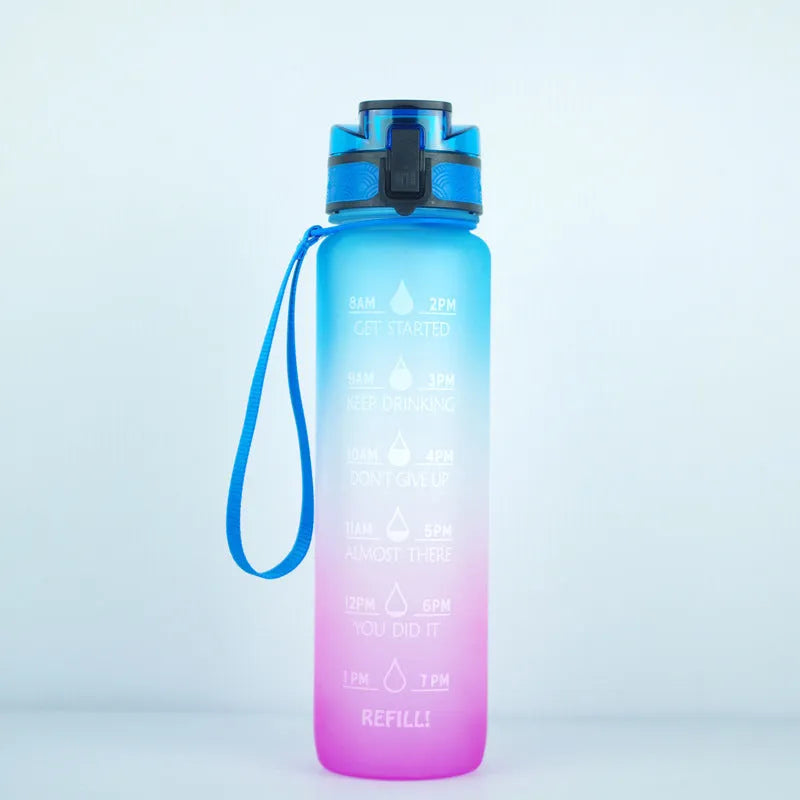Clear transparent Tritan plastic sports water bottle with infuser, 1000ml capacity, on a plain background.