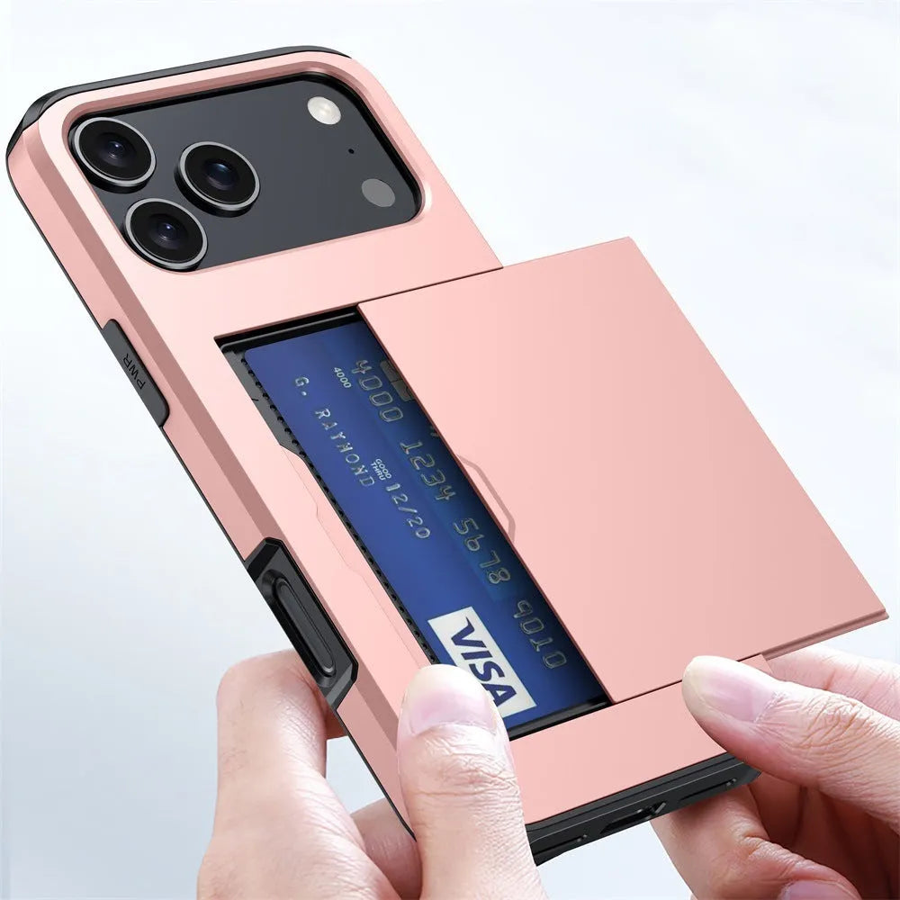 Sliding cover card holder phone case for iPhone in multiple colour options showing card slot.