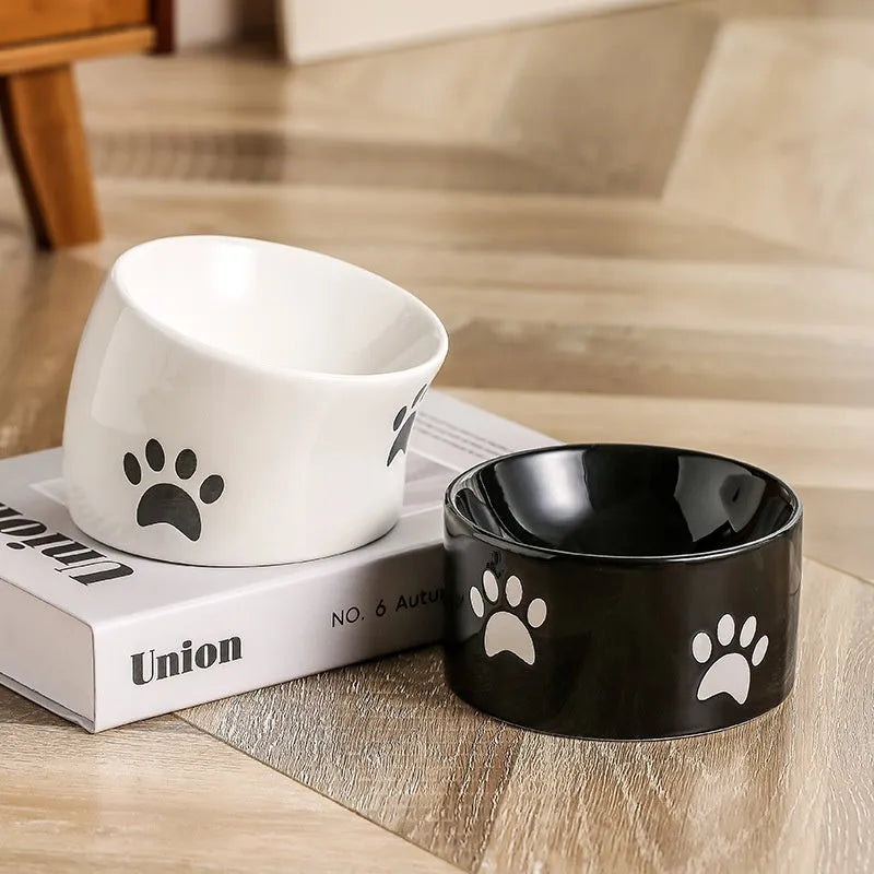 Ceramic cat bowl with neck protection design and cat's paw pattern in selected colour