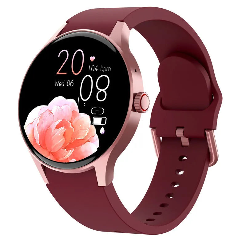 46mm diameter smart sport watch with circular touch screen in black, blue, pink, or red colours