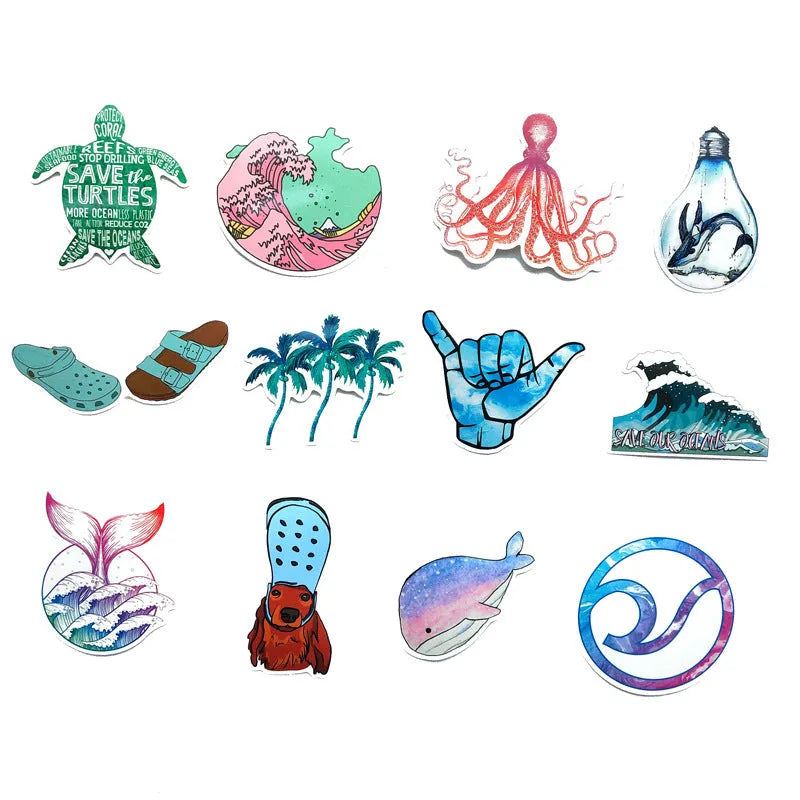 Beach Series PVC graffiti sticker with starfish, surfing, and volleyball cartoon doodle design, about 5-8cm