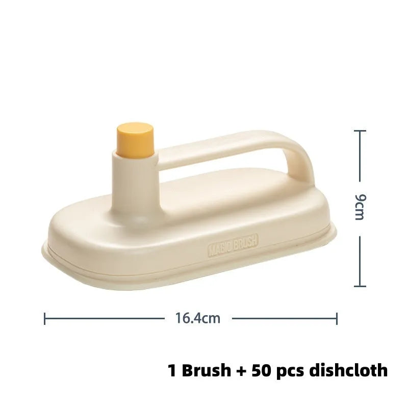 Magic Brush disposable cleaning tool with plastic handle, storage box, and 50 white non-woven fabric rag refills.