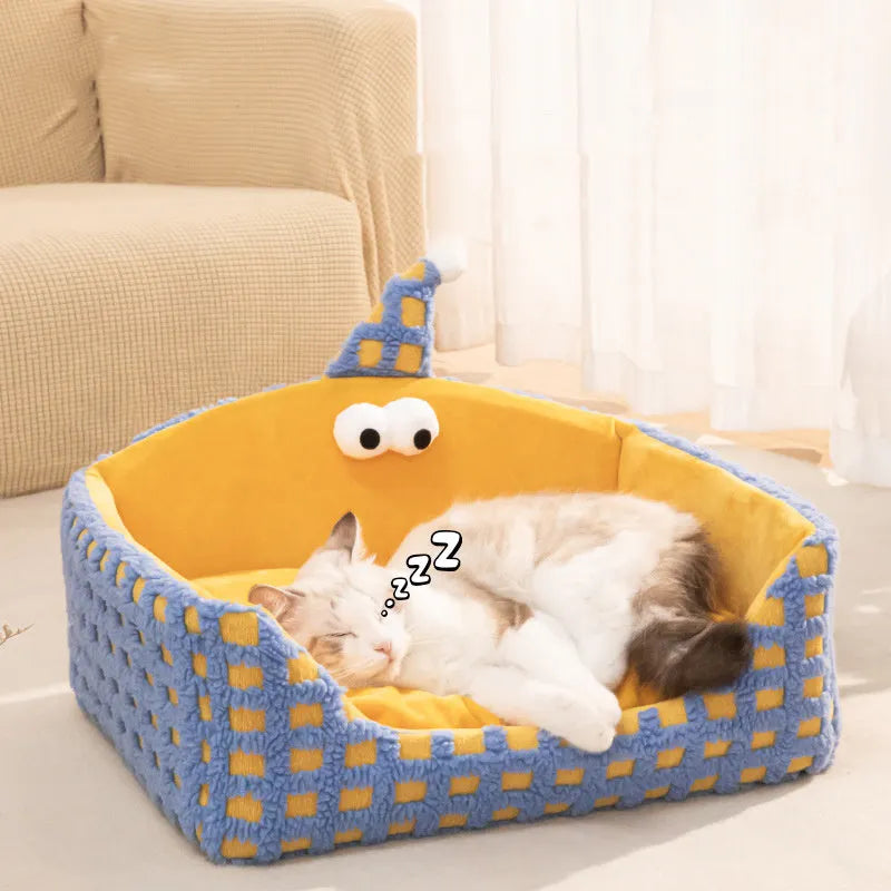 Triangular hat-shaped pet sleeping nest with removable sponge insert in green, purple, and yellow colours