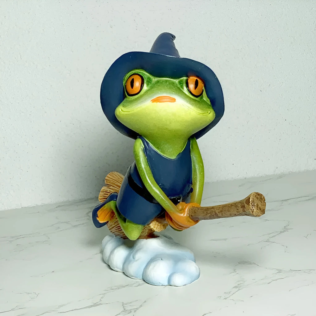 Magic yoga frog resin and plastic ornament in RDW123 colour on a shelf.