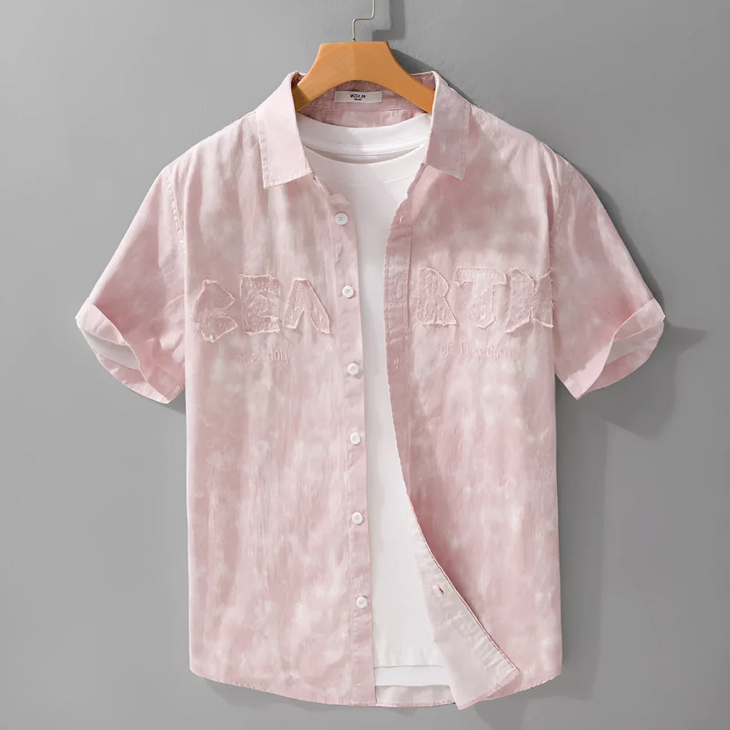 Men's grey-white pure cotton short-sleeved cardigan with loose fit and hanging dyed print