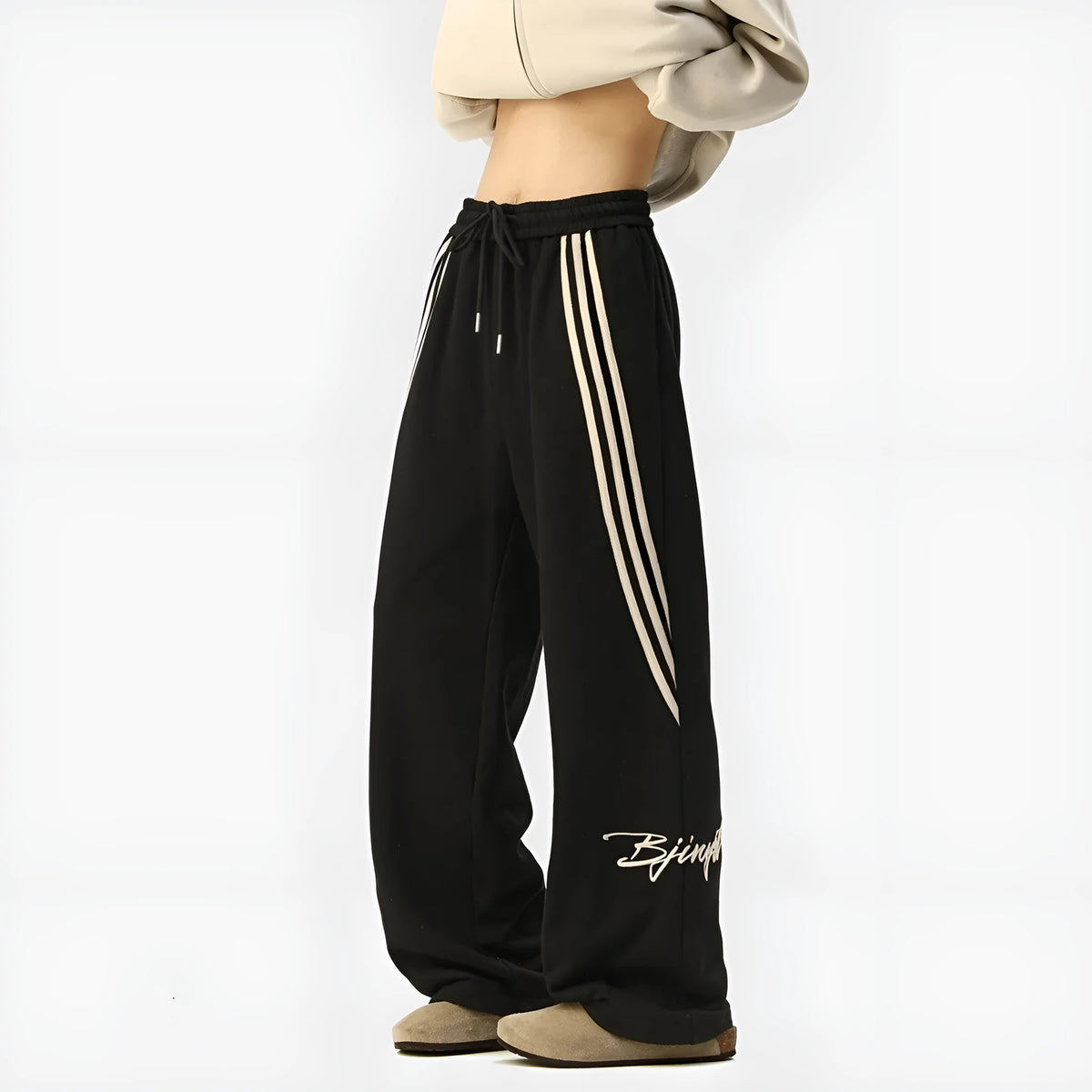 Men's striped loose straight-leg casual pants in black, white gray, or navy blue, polyester stretch fabric, sizes M to XXXL