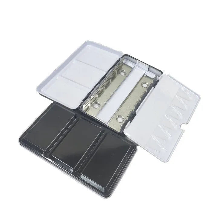 Tinplate watercolour paint box showing three-fold design and three size options