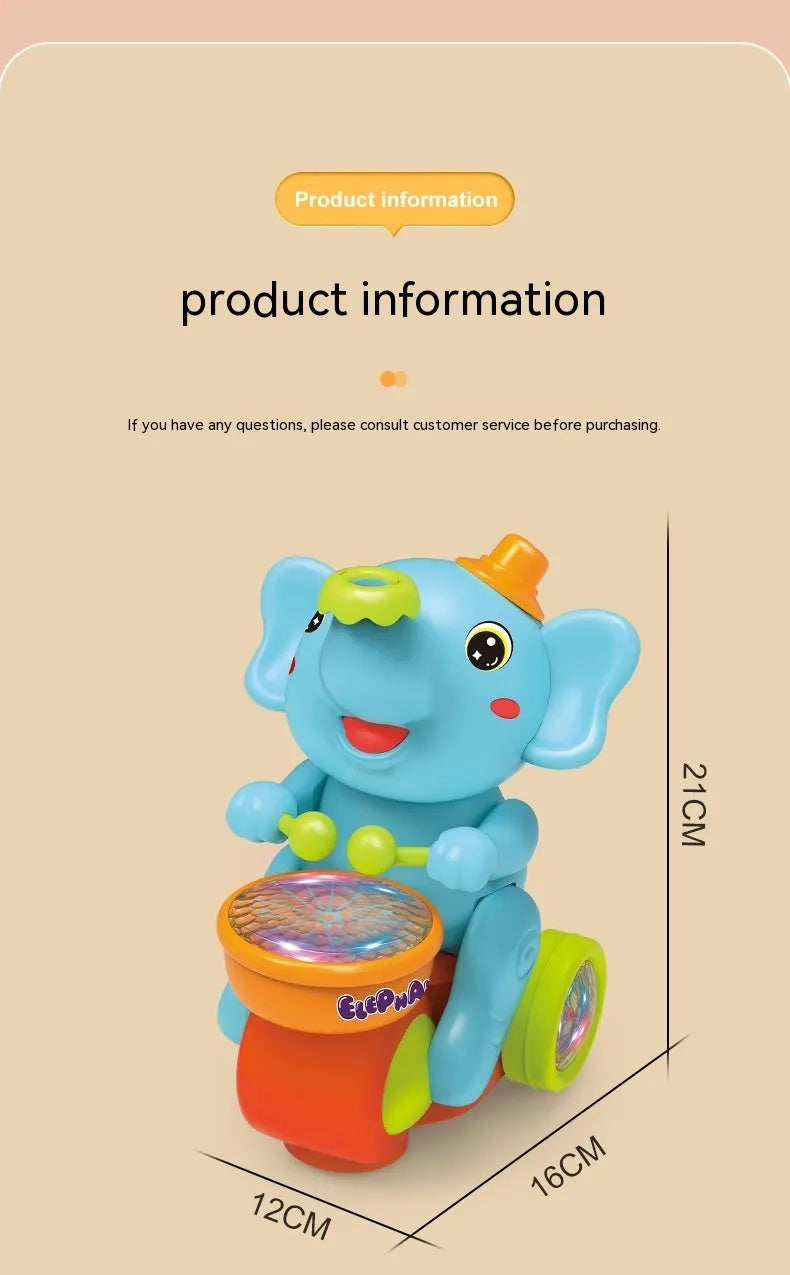 Elephant plastic toy car with music, lights, ball blowing, and obstacle avoidance in blue or yellow