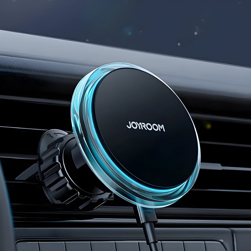 Black car air outlet wireless charging stand with magnetic phone mount showing 15W charging capability