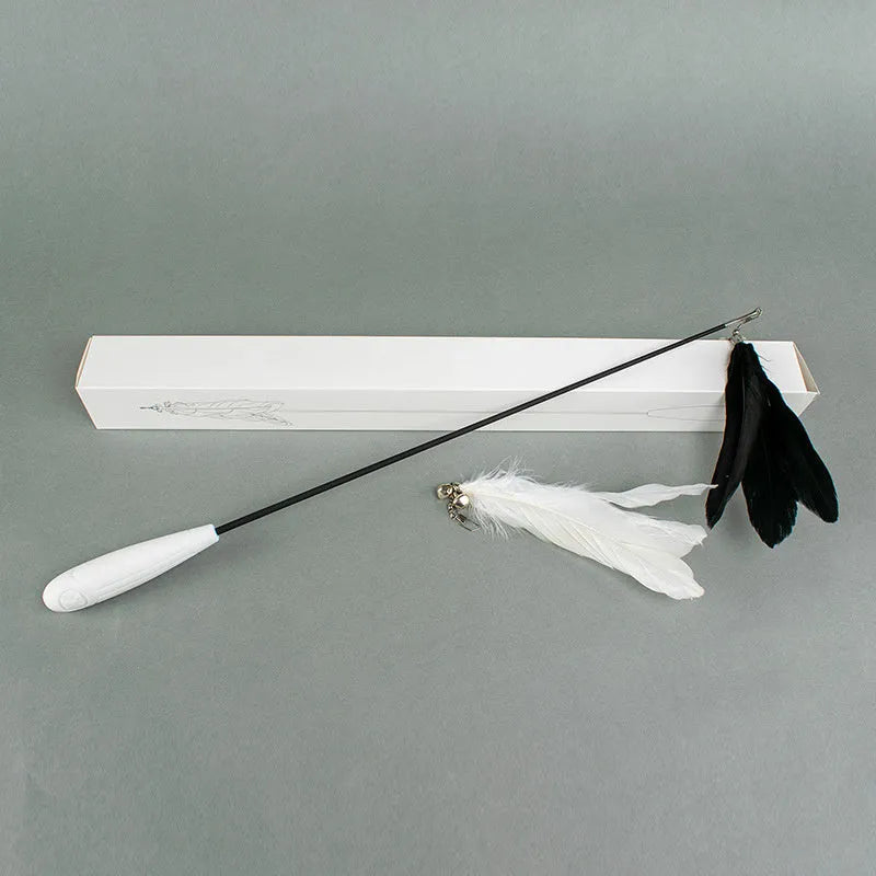 Telescopic fishing rod cat toy with goose feather teasers extended to show full length