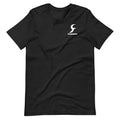 Black loose fit short sleeve cotton t-shirt on a hanger showing round neck design.