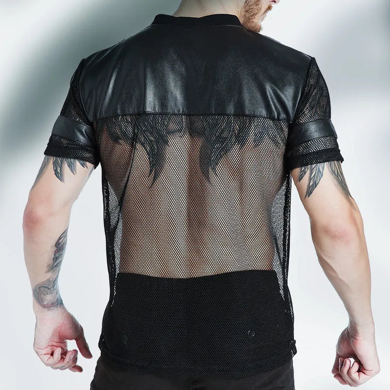 Black men's V-neck running t-shirt with mesh polyester fabric and short sleeves
