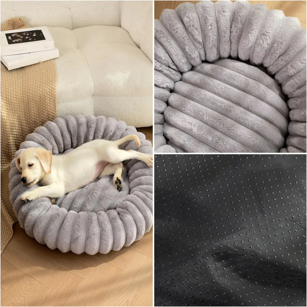Round beige plush pet bed mat for dog or cat on wooden floor