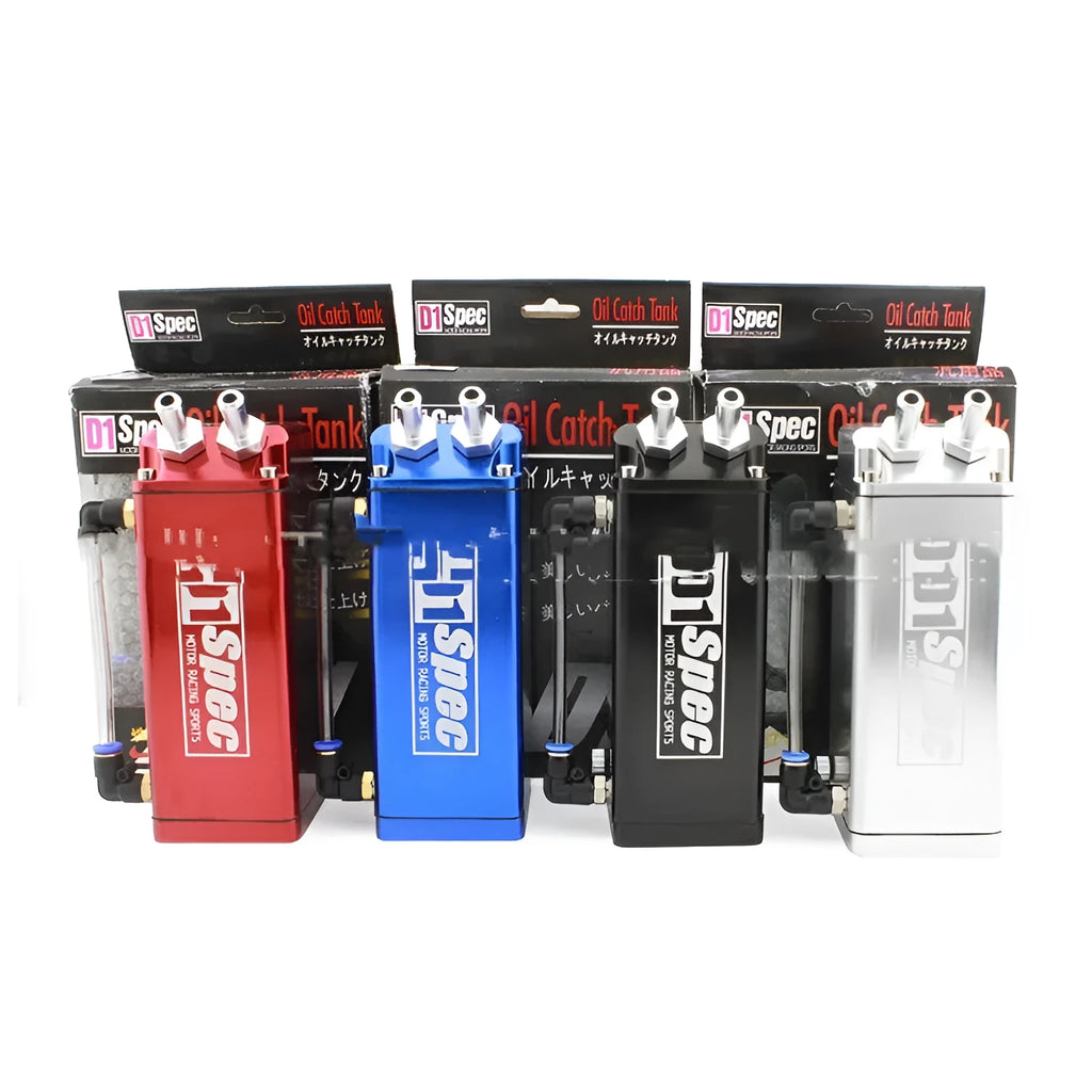 Car modification oil catch tank shown in square and round shapes in black, blue, red, silver colours