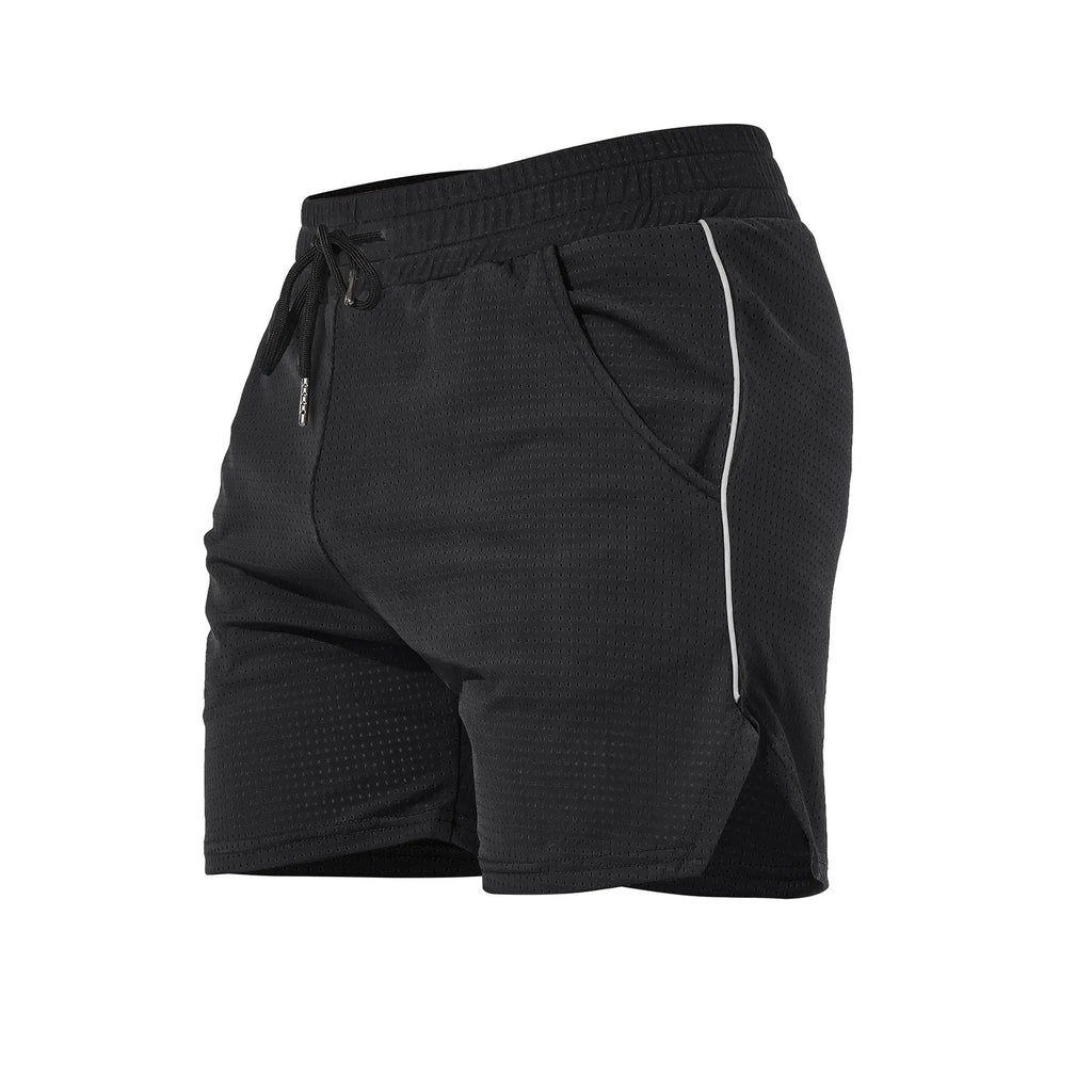 Men's straight-leg polyester fitness shorts in black, gray, navy blue, or red colours