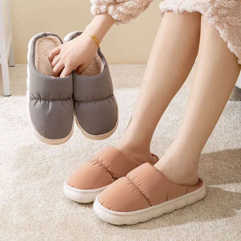 Blue down cotton slippers with artificial leather upper and thick rubber sole for indoor use
