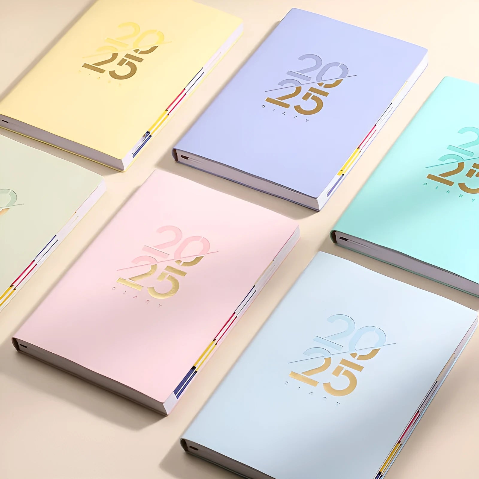 2025 A5 daily planner with soft faux leather cover in multiple colour options showing open pages