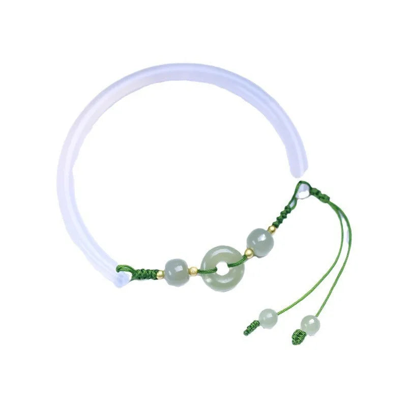 Handmade white agate and Hetian jade bracelet with peace buckle closure, 6mm bead diameter