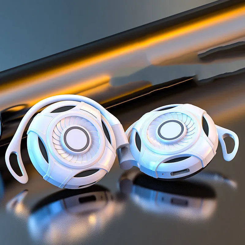 Black and white Bluetooth gaming earphones with hanging design and USB charging port