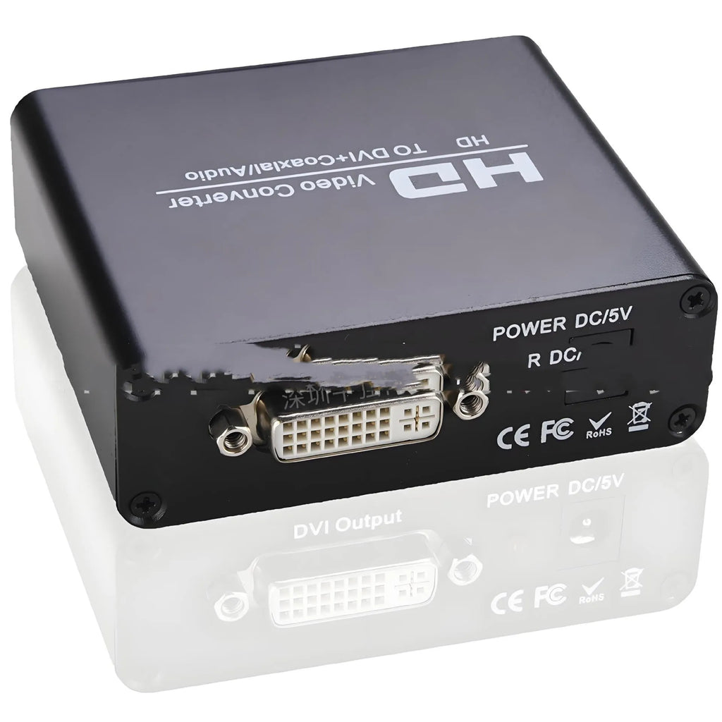 Black HDMI to DVI converter with coaxial audio output port and 1.5 metre cable