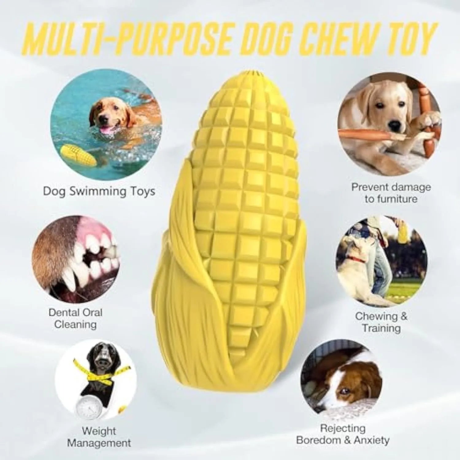 Corn-shaped durable dog chew toy in blue or yellow colour with surface grooves for dental care