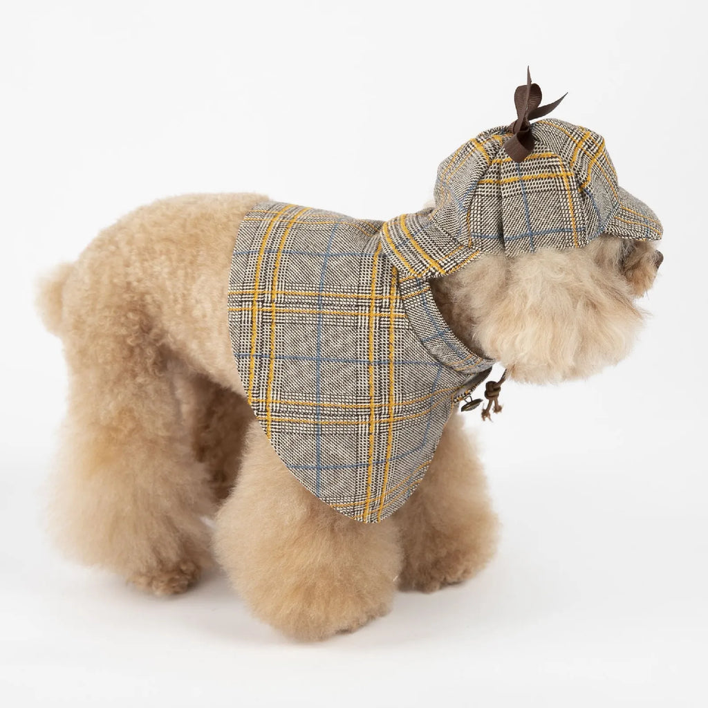 Camel coloured detective suit style cotton pet cloak with adjustable hat shown on dog model
