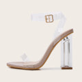 Apricot women's sandals with clear PVC heels and buckle fastening