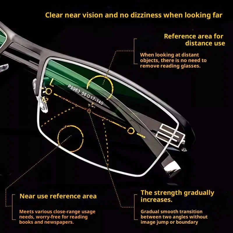 Integrated focus reading glasses with metal optical frame, dragon and phoenix pattern, black blue or gun colour
