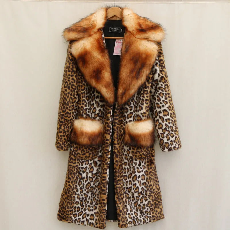 Women's long artificial fur jacket in leopard print with regular sleeves, shown in street fashion style.