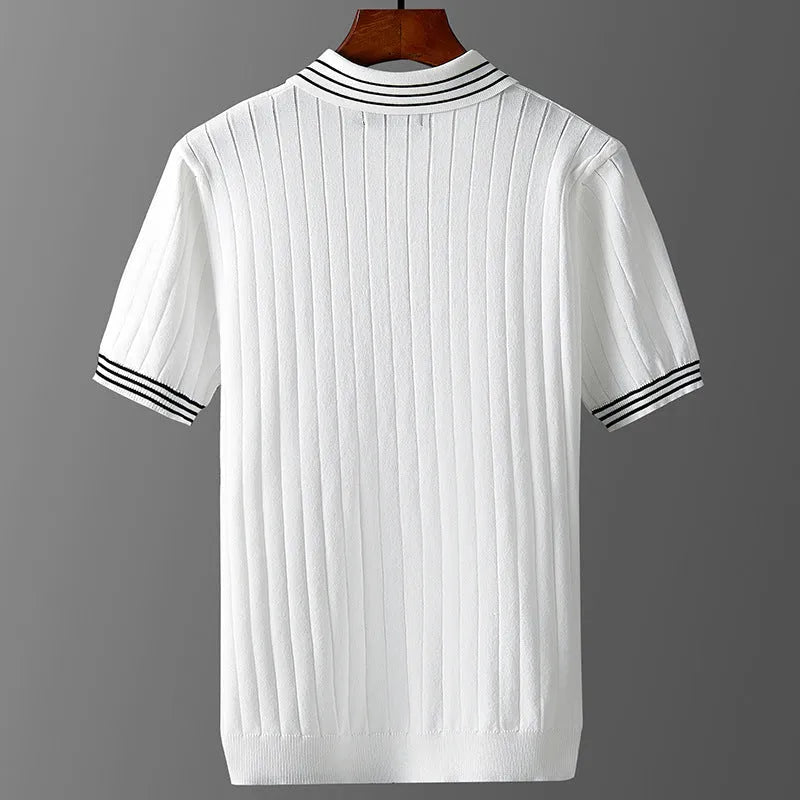 Men's ice silk short sleeve thin lapels polo sweater in black, casual pullover style, viscose fabric