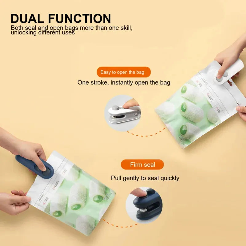 Blue and white handheld USB rechargeable heat sealer for sealing food storage bags on a kitchen counter.