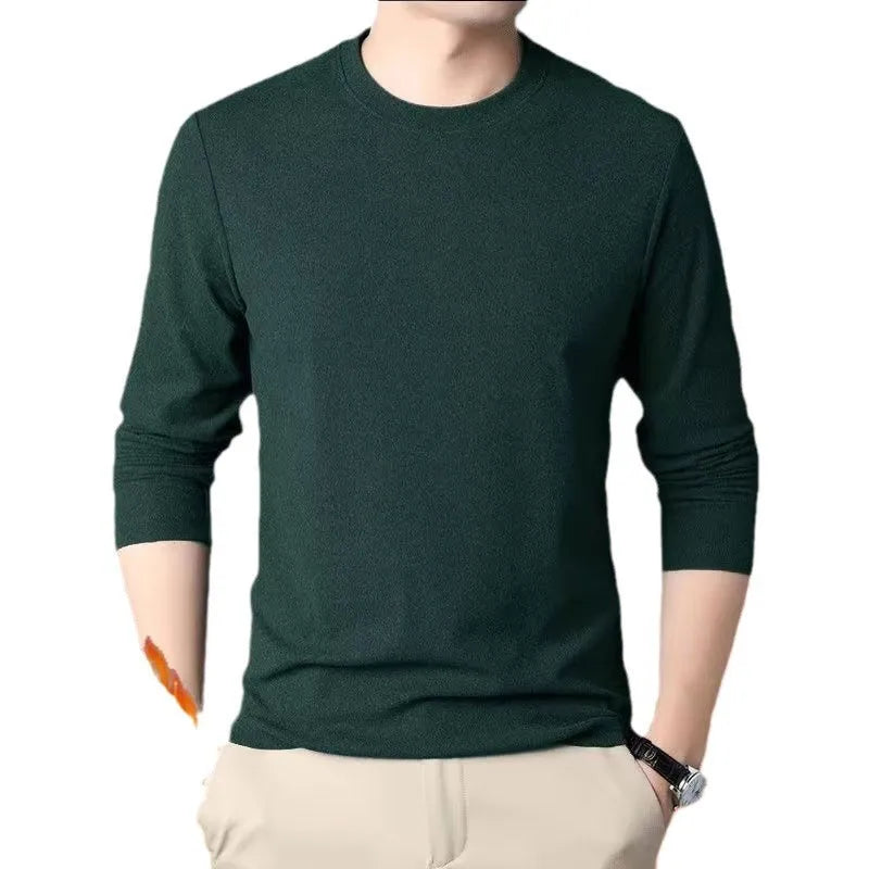 Men's round-neck double-sided fleece long-sleeved top in solid brown, plus size M-5XL