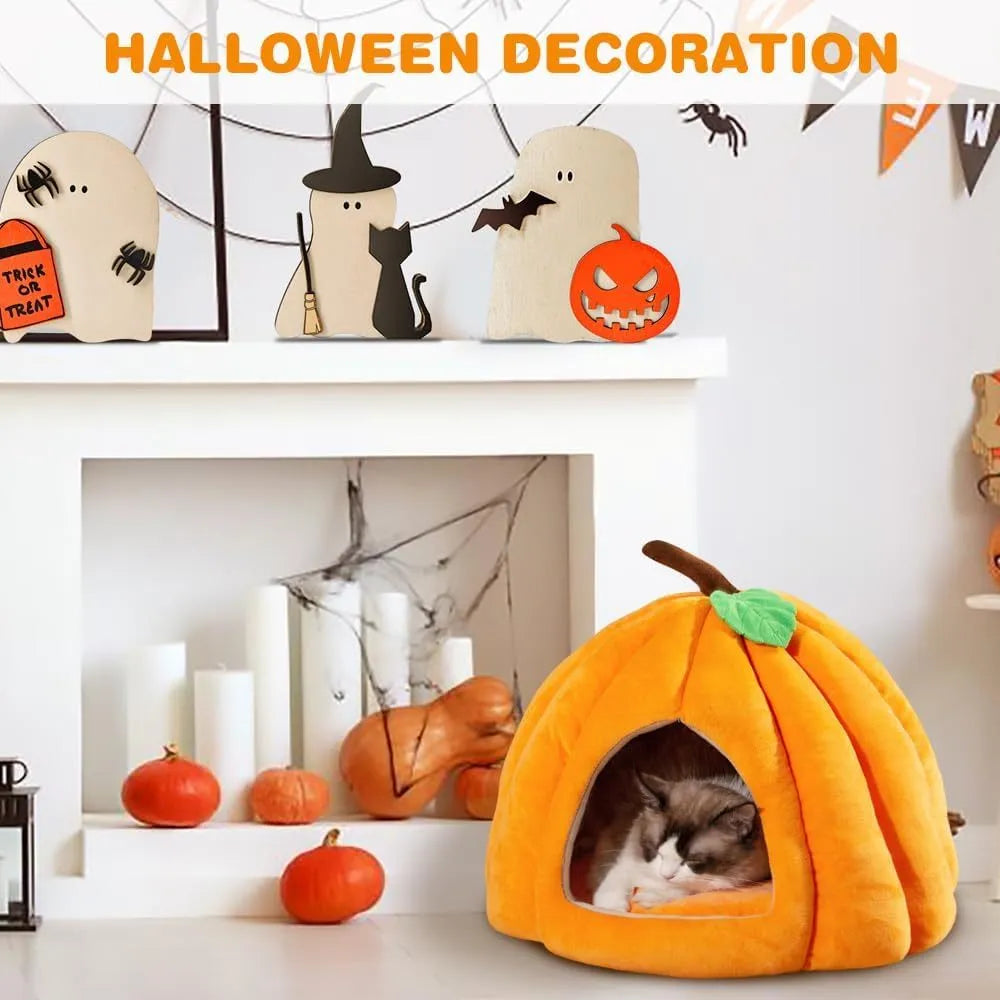 Pumpkin-shaped cat bed cave house with plush interior and anti-slip rubber base