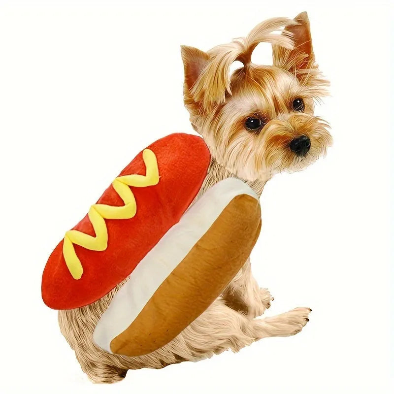 Dog wearing a red and brown hot dog costume with a fleece lining and hook-and-loop belly closure.
