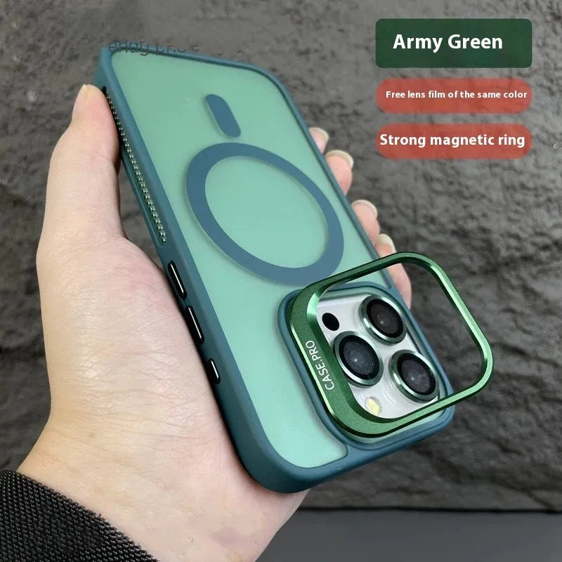 Magnetic iPhone case with lens cover bracket in Black, PC anti-fingerprint shell, fits iPhone 13 to 16 Pro Max