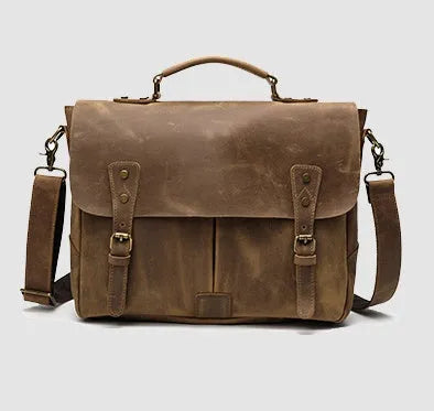 Leather mens briefcase satchel, 15 inch horizontal square bag, first-layer cowhide, reddish brown and light brown
