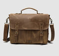 Leather mens briefcase satchel, 15 inch horizontal square bag, first-layer cowhide, reddish brown and light brown
