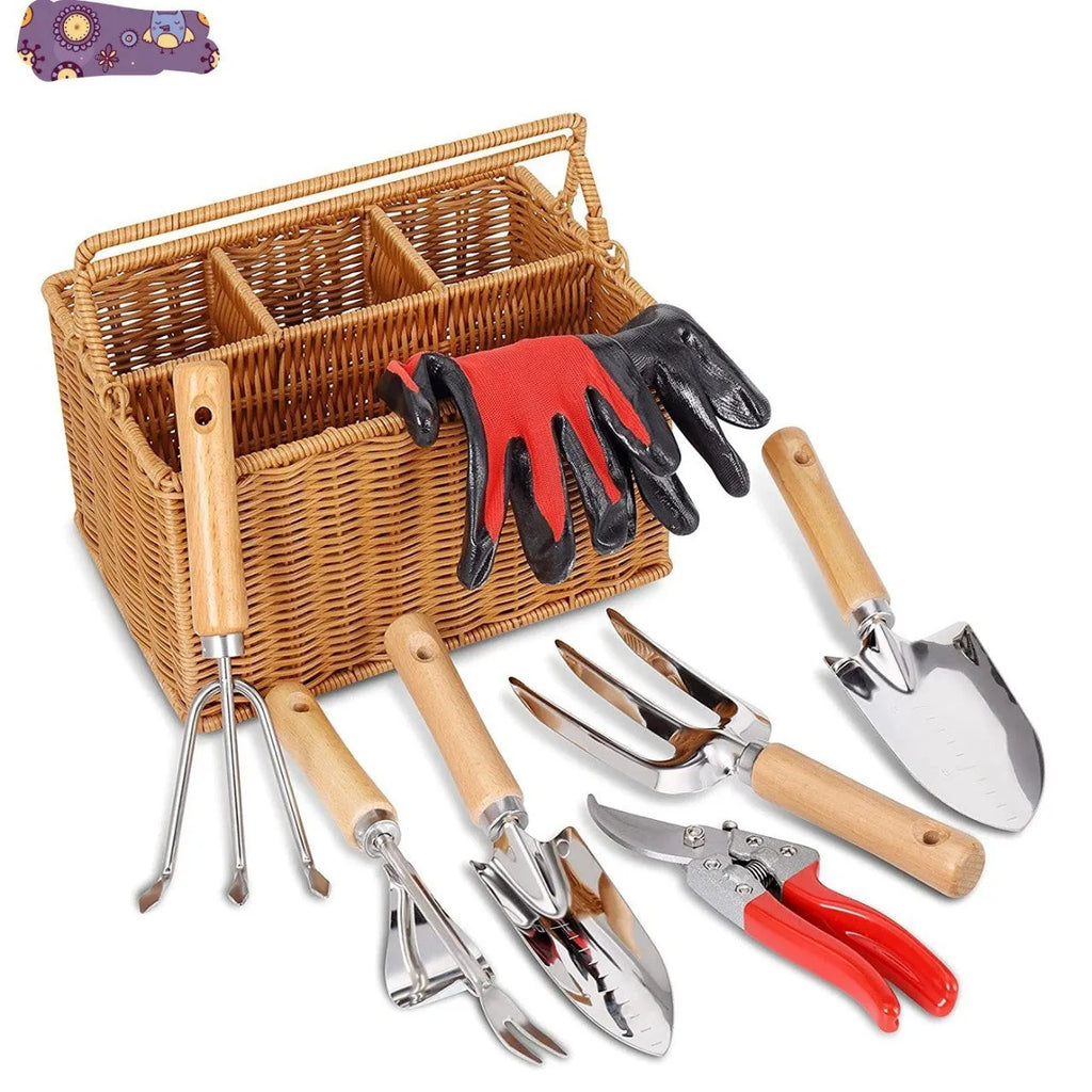 Gardening tools set with wooden handles and stainless steel hoe and shovel on rustic background