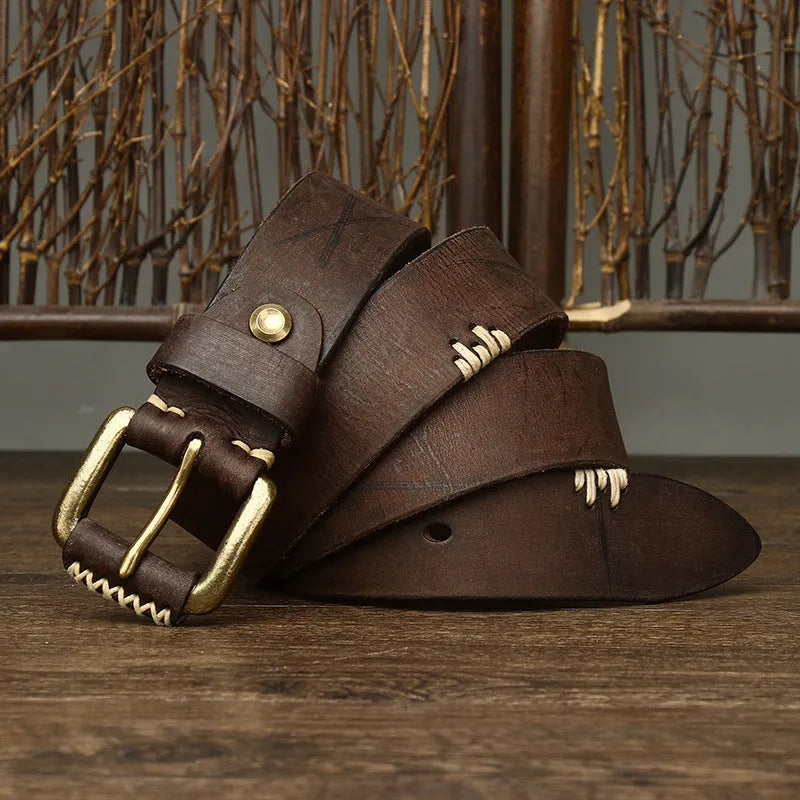 Handmade retro genuine cow leather belt with copper buckle in brown colour