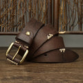 Handmade retro genuine cow leather belt with copper buckle in brown colour
