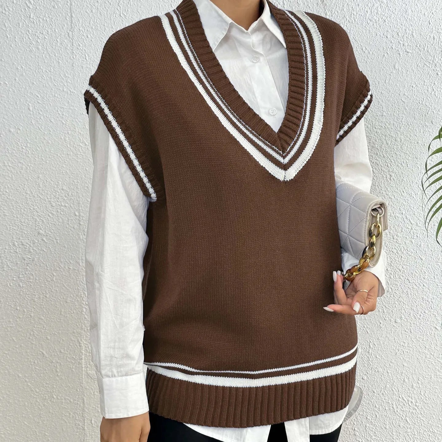 Women's loose college style wool vest sweater pullover in blue, coffee or black colours