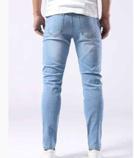 Men's light blue slim fit stretch skinny jeans, cotton denim full-length casual trousers in sizes S to 2XL
